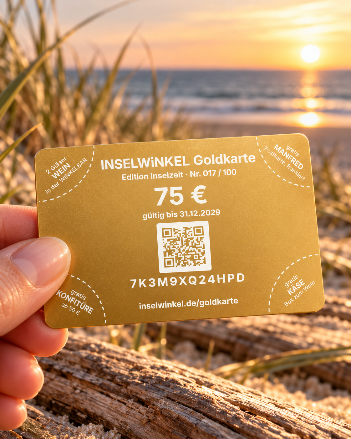 INSELWiNKEL Goldkarte Edition Inselzeit, Rückseite mit 75 € Guthaben, Kartennummer und QR-Code