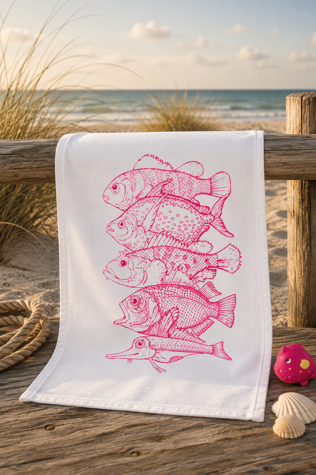 Geschirrtuch „5 Fische“ – maritime Grüße in Pink