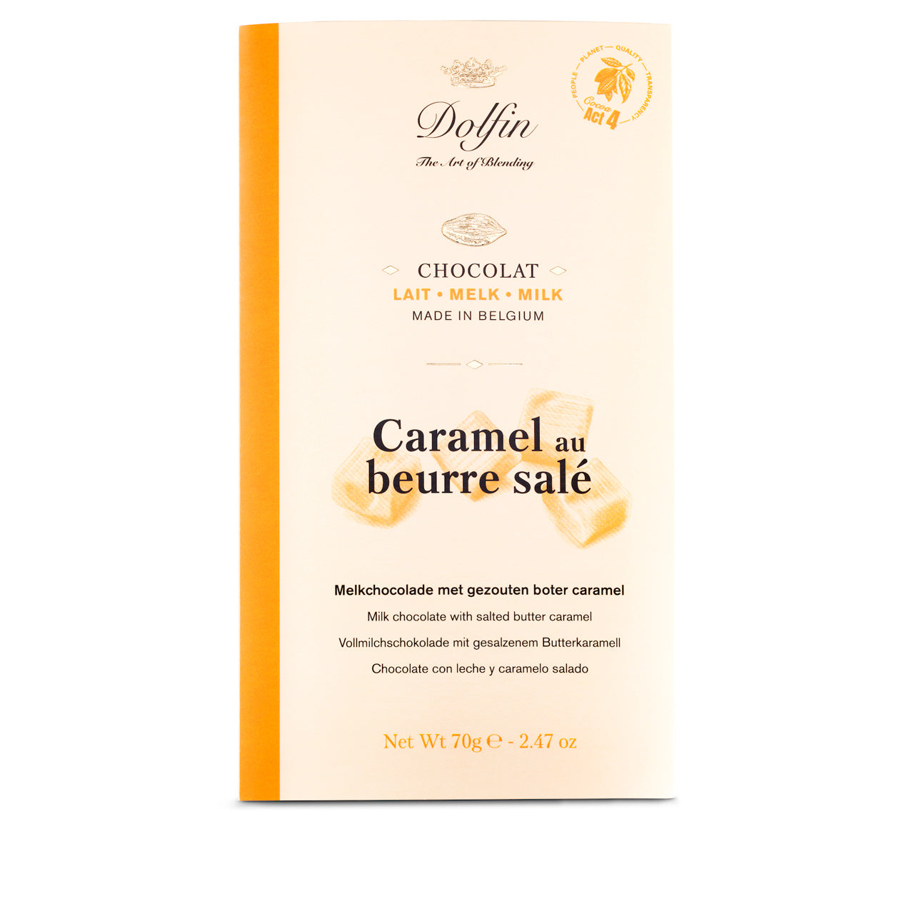 Dolfin Schokolade 38 % mit Karamell und gesalzener Butter 70g