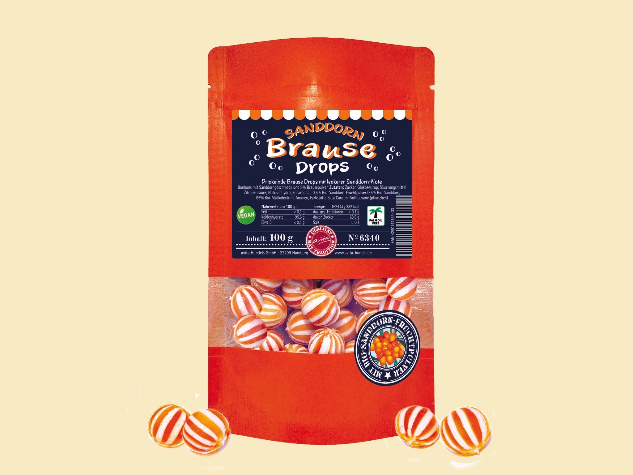 Sanddorn Brause Drops mit Bio Sanddorn-Fruchtpulver