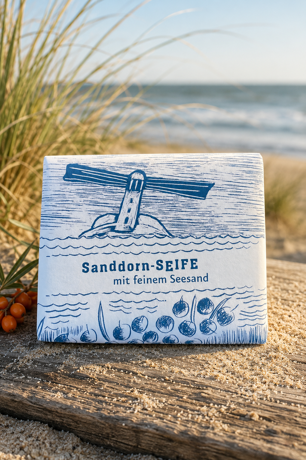 Handgemachte Sanddorn-Seife mit Seesand