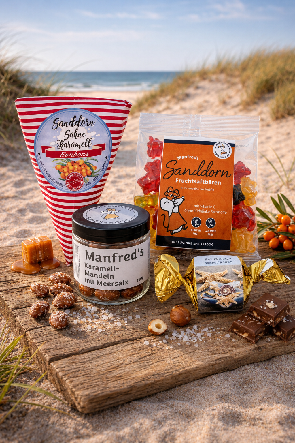 Liebevoll zusammengestelltes INSELWiNKEL-Set mit Sanddorn-Fruchtsaftbären, Meersalz-Nougat, Karamell-Mandeln und Sanddorn-Sahne-Bonbons